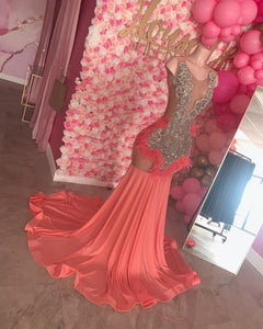 Rea Pink Feathered Prom Gown