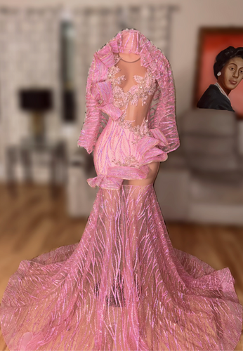 Pink Princess Ruffle Prom Gown with veil (READY TO SHIP) Small