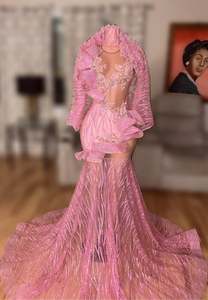 Pink Princess Ruffle Prom Gown with veil (READY TO SHIP) Small