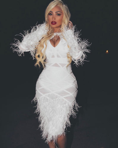 Checkered White Feathered Keyhole Dress